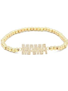 Gold 'MAMA' Beaded rhinestone Stretch Bracelet - Elegant Crystal Accent